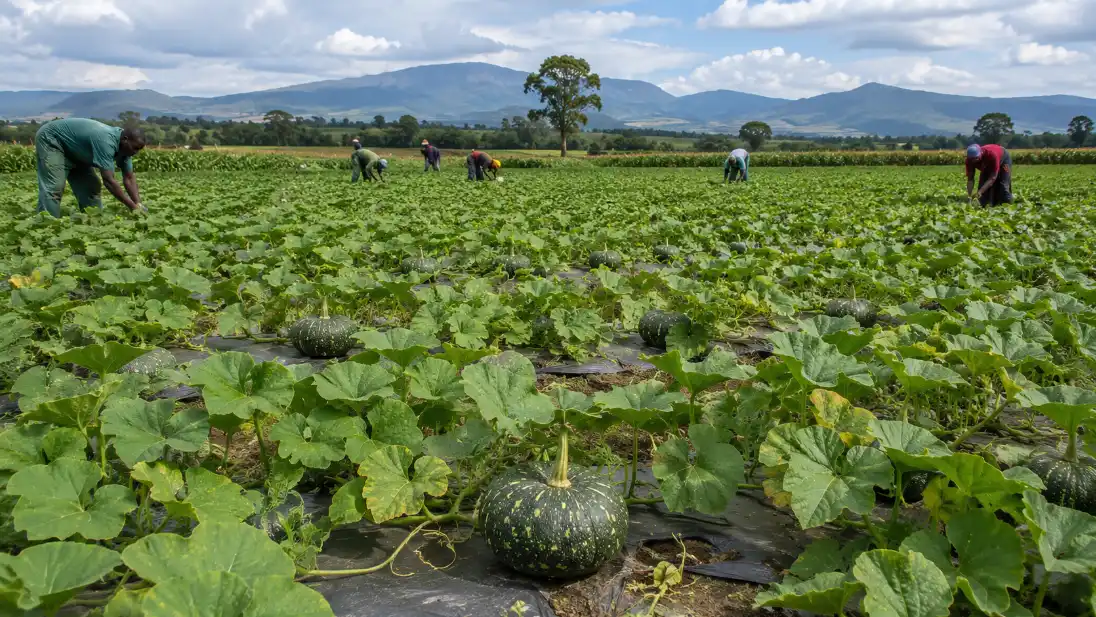 Pumpkin Farming in Kenya 2026: Seed Prices, Planting Guide, Yield, Costs & Profit Per Acre 2 Farm workers tend to a large field of green pumpkins with mountains in the background.