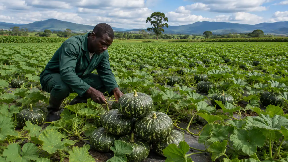 Pumpkin Farming in Kenya 2026: Seed Prices, Planting Guide, Yield, Costs & Profit Per Acre 4 Agricultural workers tend to a vast field of ripening green pumpkins set against a backdrop of rolling mountains under a cloudy sky.