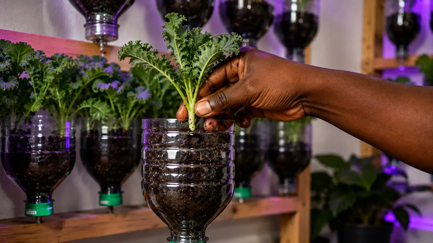A person's hand plants a leafy green kale seedling into a repurposed plastic bottle in an indoor garden with purple grow lights.