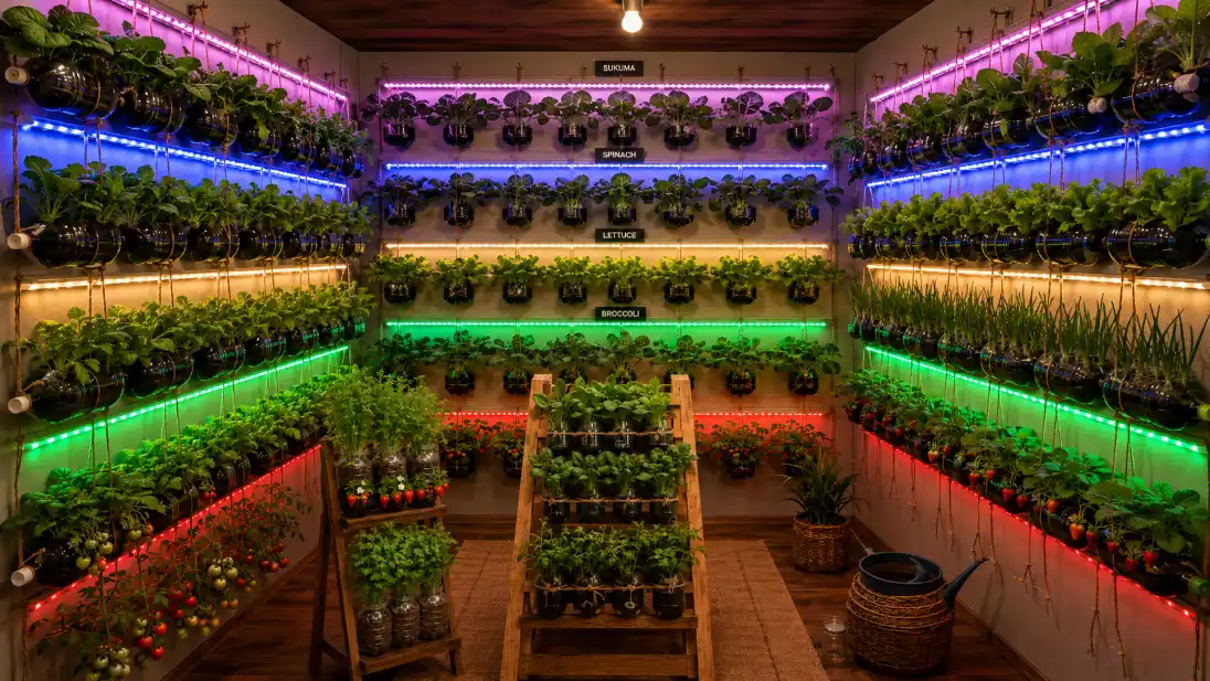 An indoor vertical garden featuring rows of leafy vegetables and herbs in recycled containers, all illuminated by vibrant, multi-colored LED grow lights.