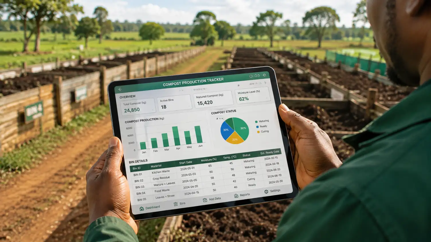 A person holds a tablet displaying a compost production tracker dashboard overlooking an outdoor composting facility with rows of bins.