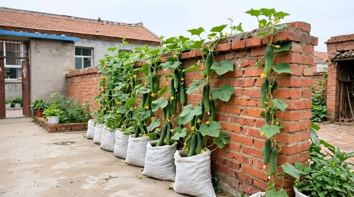 20 Best Vegetables and Dwarf Fruits to Grow in Sacks in Kenya 2026 7 Cucumber plants with hanging green fruits grow in white sacks along a red brick wall in a courtyard.