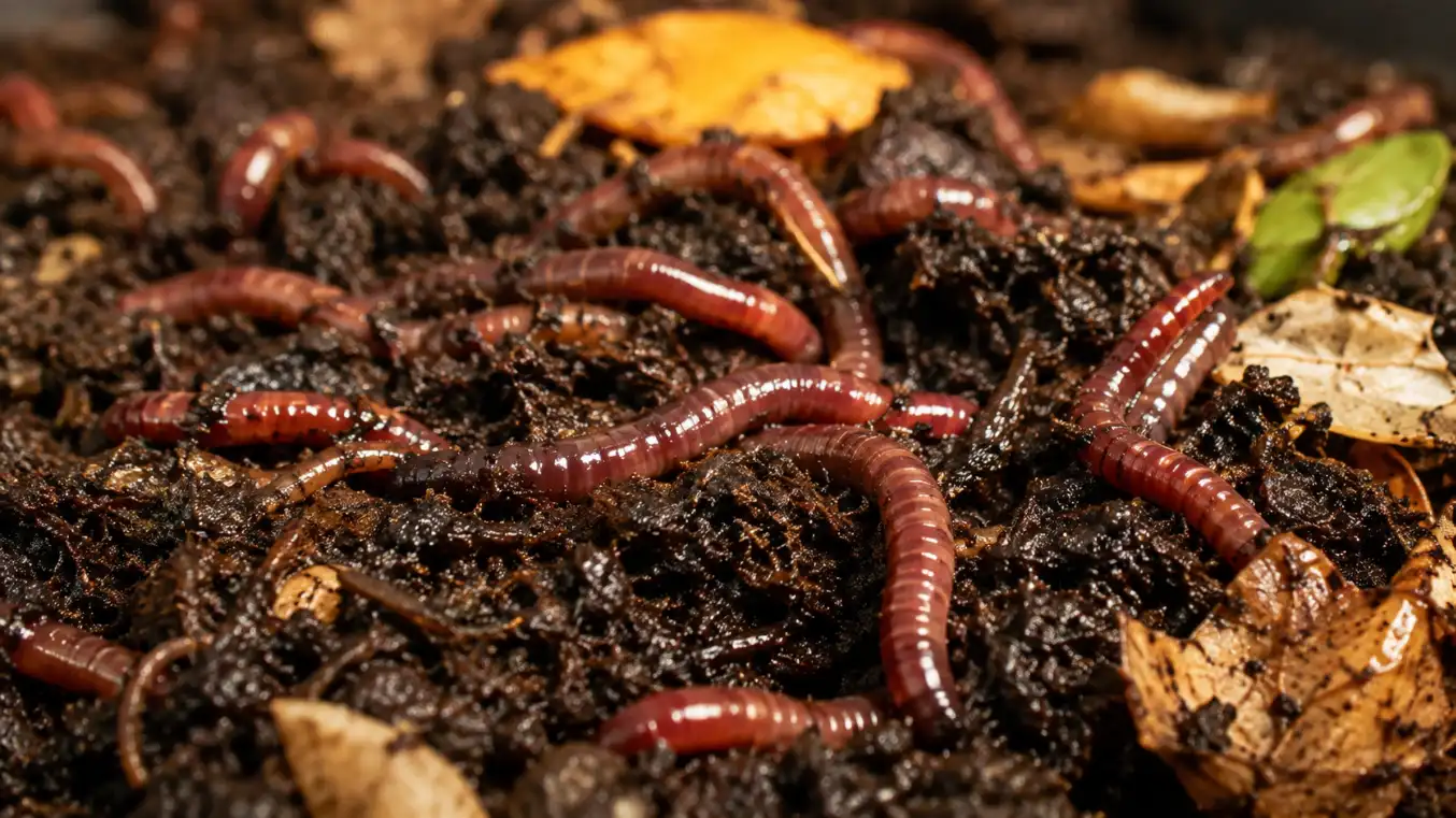 Several reddish-pink earthworms crawl through dark, moist compost soil and decaying leaves.