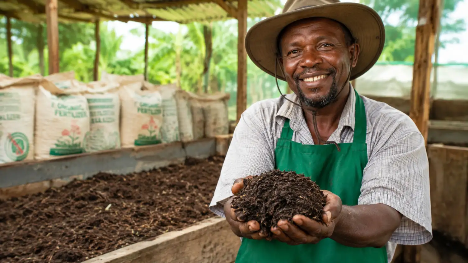A middle-aged Kenyan farmer wearing a green apron and a wide-brimmed hat proudly holding a handful of dark Compost