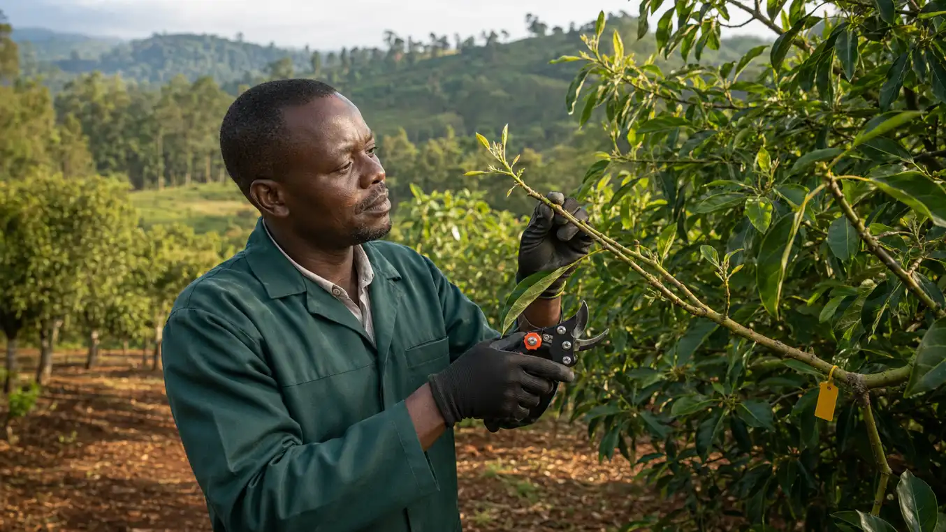 A farmer in Embu selecting healthy scion wood from a certified Hass avocado mother tree