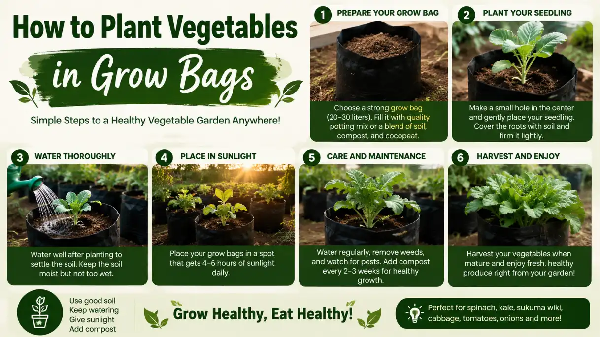 5 Best Space-Saving Grow Bags in Kenya: Types, Prices, Uses & Where to Buy 10 An infographic titled 'How to Plant Vegetables in Grow Bags' outlines a six-step guide for home gardening, covering preparation, planting, watering, sunlight, maintenance, and harvesting.