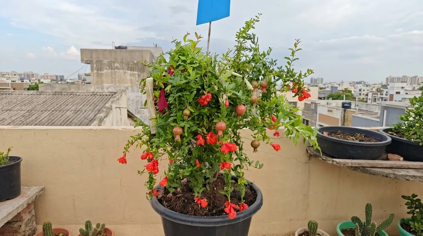 20 Best Vegetables and Dwarf Fruits to Grow in Sacks in Kenya 2026 11 A small pomegranate tree with bright red flowers and tiny fruits grows in a black pot on a rooftop overlooking a city.