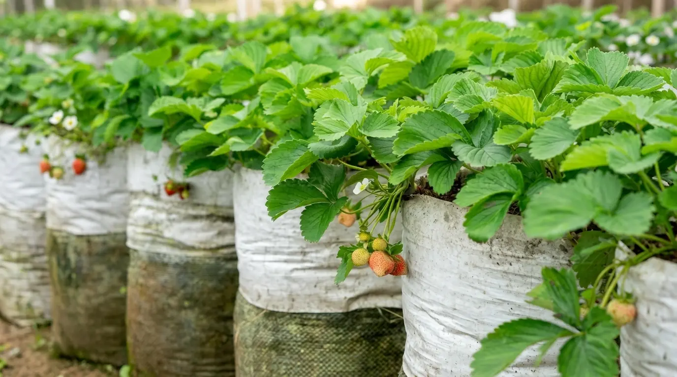 20 Best Vegetables and Dwarf Fruits to Grow in Sacks in Kenya 2026 10 Rows of lush green strawberry plants with white flowers and ripening red berries grow in white vertical planting bags on a farm.