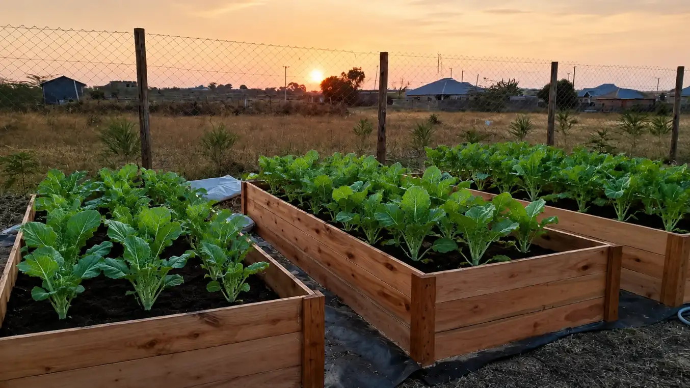 5 Best Space-Saving Grow Bags in Kenya: Types, Prices, Uses & Where to Buy 8 Three wooden raised garden beds filled with leafy green plants stand in a field against a backdrop of a setting sun and distant houses.