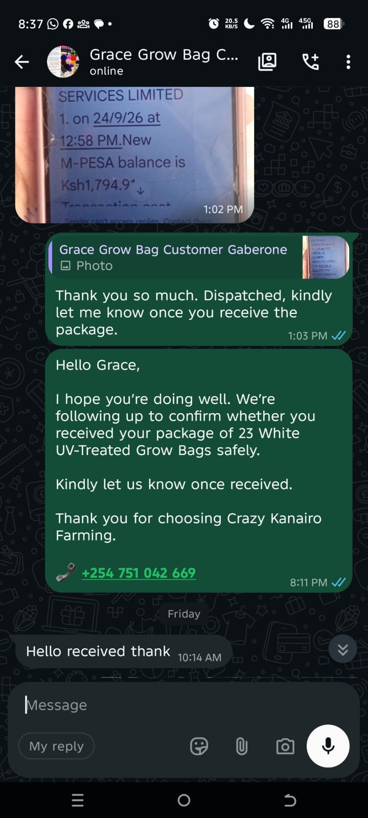Grace: 23 White UV-Treated Grow Bags Successfully Delivered to Nairobi