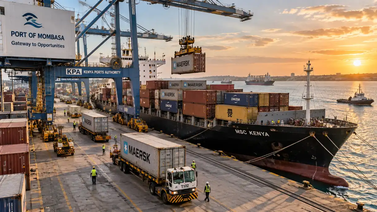 Tea Farming in Kenya (2026): Complete Guide to KTDA Rates, Costs & Profit Per Acre 7 Mombasa port, Kenya, shipping containers and cranes loading cargo, ocean and ships in the background