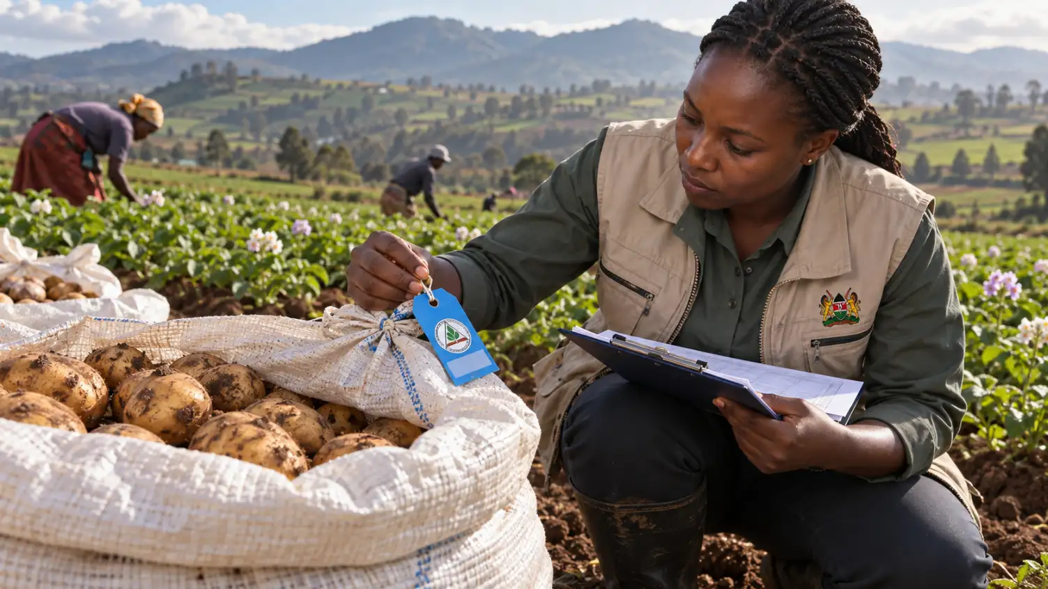 Agricultural officer validating blue KEPHIS seed certification tag attached to a seed potato sack in a farm field
