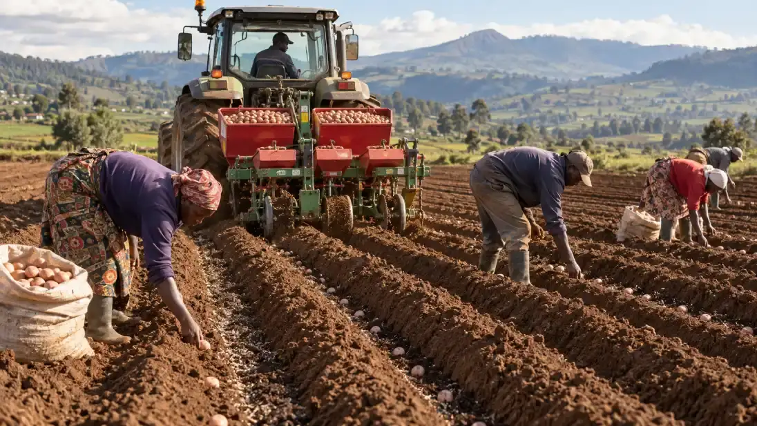 Agricultural workers manually plant potatoes into long furrows in a vast field, following a large tractor equipped with potato bins against a backdrop of rolling green hills.