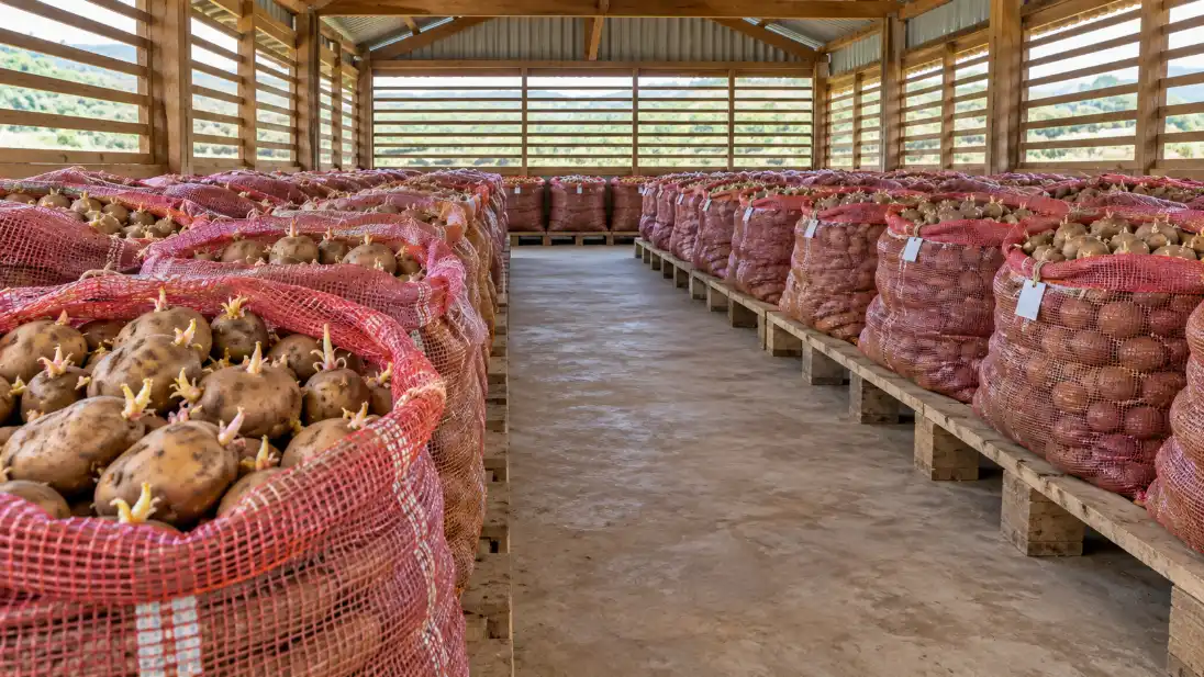 A line of sprouted certified seed potato bags arranged inside a well-ventilated diffuse light store