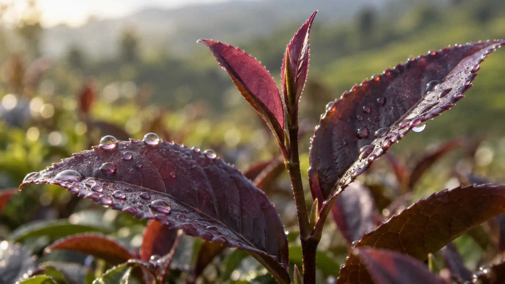 Tea Farming in Kenya (2026): Complete Guide to KTDA Rates, Costs & Profit Per Acre 5 Macro close-up photograph of purple tea leaves (Camellia sinensis, purple variety) showing their distinctive deep purple-red hue, dew drops on the leaf surface, soft natural morning light, shallow depth of field, realistic botanical photography style