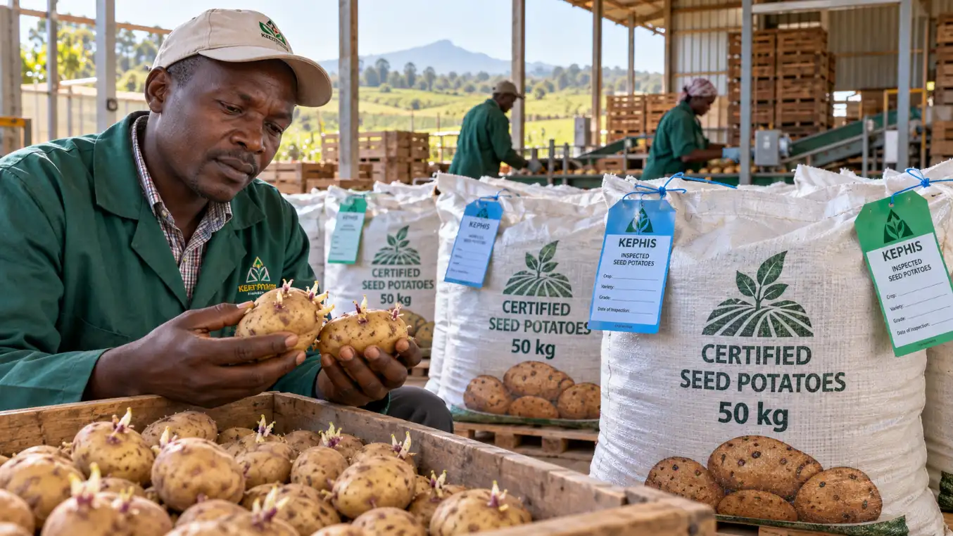 A farmer inspects healthy sprouted certified seed potatoes packaged in branded 50kg sacks with blue and green KEPHIS inspection tags