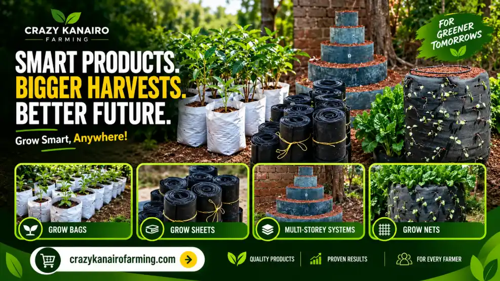Home 37 Promotional image for Crazy Kanairo Farming advertising 'smart products' for bigger harvests, featuring grow bags, grow sheets, multi-storey systems, and grow nets.