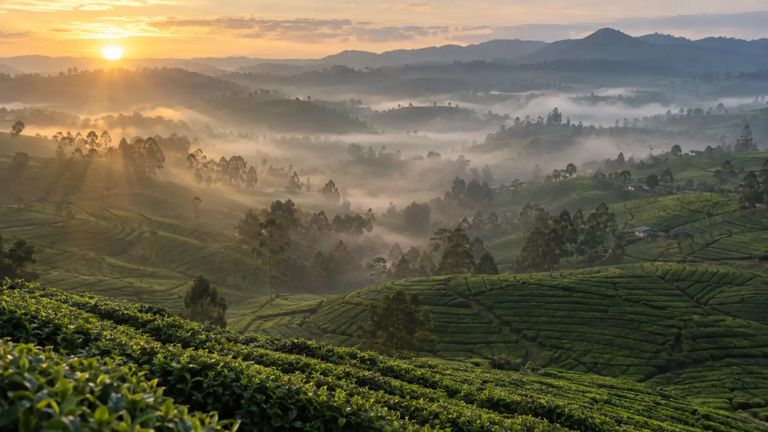 Tea Farming in Kenya (2026): Complete Guide to KTDA Rates, Costs & Profit Per Acre 2 A golden sunrise illuminates a misty landscape of rolling green tea plantations and scattered trees under a soft, cloudy sky.