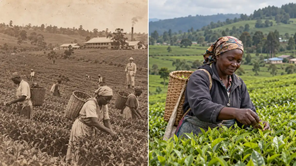 Tea Farming in Kenya (2026): Complete Guide to KTDA Rates, Costs & Profit Per Acre 3 A side-by-side comparison of a historical sepia-toned photograph and a modern color photograph, both showing workers picking tea leaves in a field while carrying large wicker baskets on their backs.