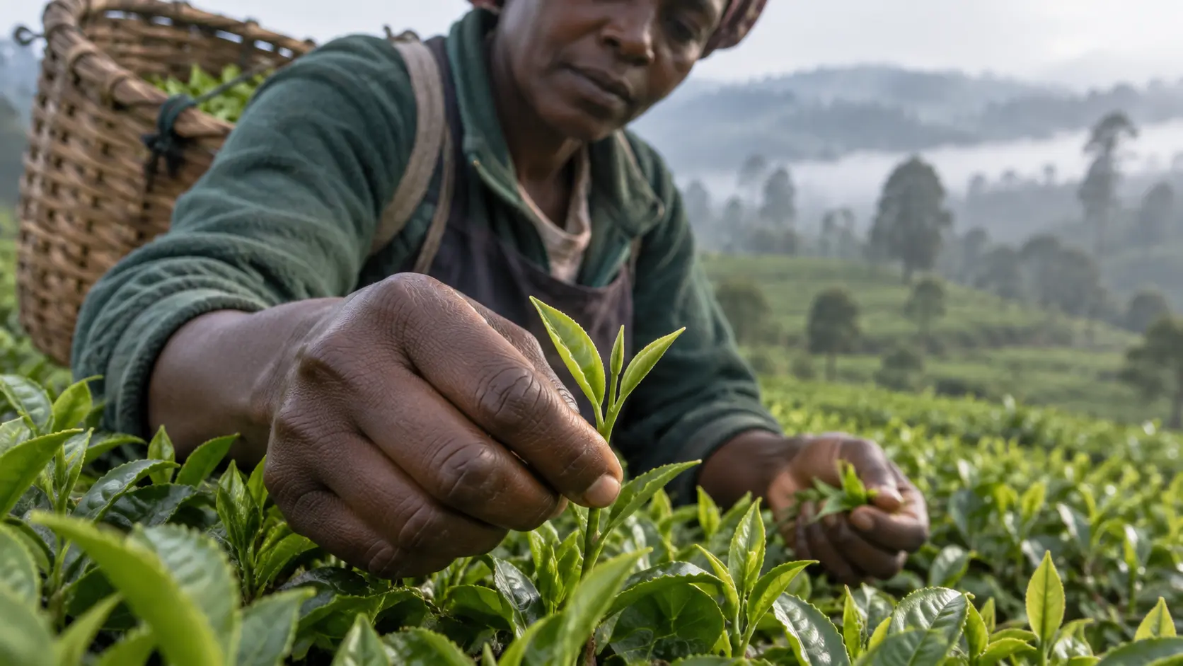 Tea Farming in Kenya (2026): Complete Guide to KTDA Rates, Costs & Profit Per Acre 4 Close-up documentary-style photograph of a Kenyan smallholder tea farmer's hands hand-plucking two leaves and a bud from a tea bush, wicker plucking basket strapped to their back, misty highland morning light, shallow depth of field