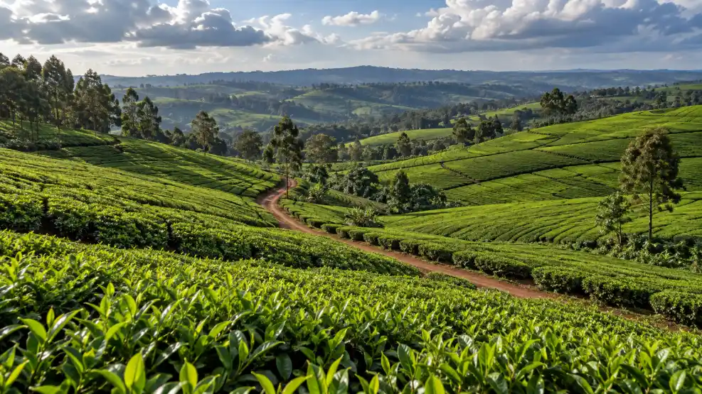 Tea Farming in Kenya (2026): Complete Guide to KTDA Rates, Costs & Profit Per Acre 6 Wide-angle landscape photograph of rolling tea terraces in Kericho, Kenya, deep green tea bushes stretching to the horizon under a partly cloudy sky, a dirt path winding through the plantation, documentary landscape photography style