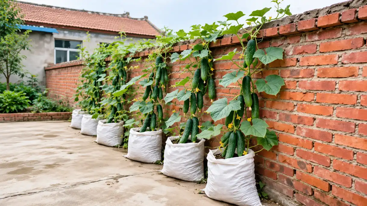 Cucumber vines with many hanging cucumbers grow from white sacks lined up against a rustic red brick wall.