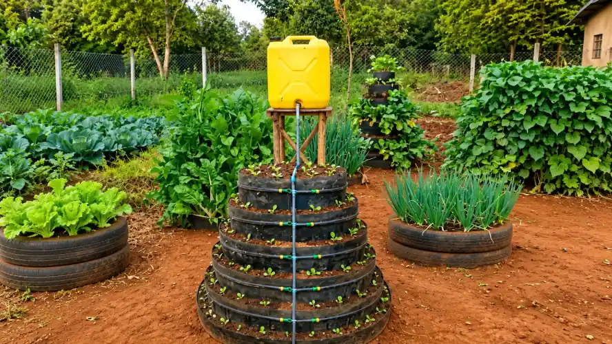 A tiered vertical garden made from stacked tires and multi storey garden materials, uses a gravity-fed irrigation system with a yellow water container.