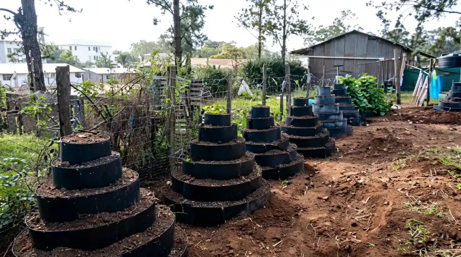 A row of multi storey tower garden planters filled with soil sits in an outdoor rural setting next to a wire fence.