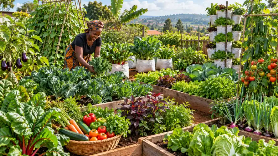 A woman harvests fresh kale in a vibrant, sunlit vegetable garden featuring raised beds, vertical planters, and a diverse range of crops.